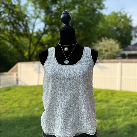 White and beige Sequin mesh Tank Top - Picture 1 of 3